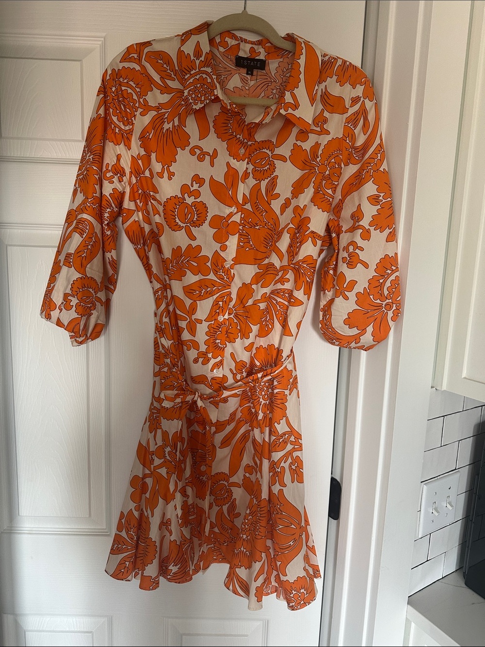 STATE Orange Floral Tie-Waist Mini Dress